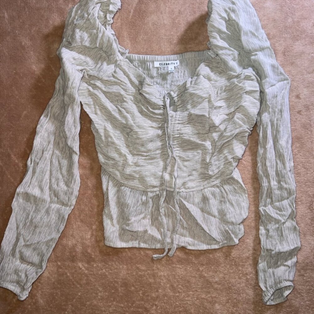 Celebrity Pink Women Small Olive Sweetheart‎ Ruffle Long Sleeve Crop Blouse (U)